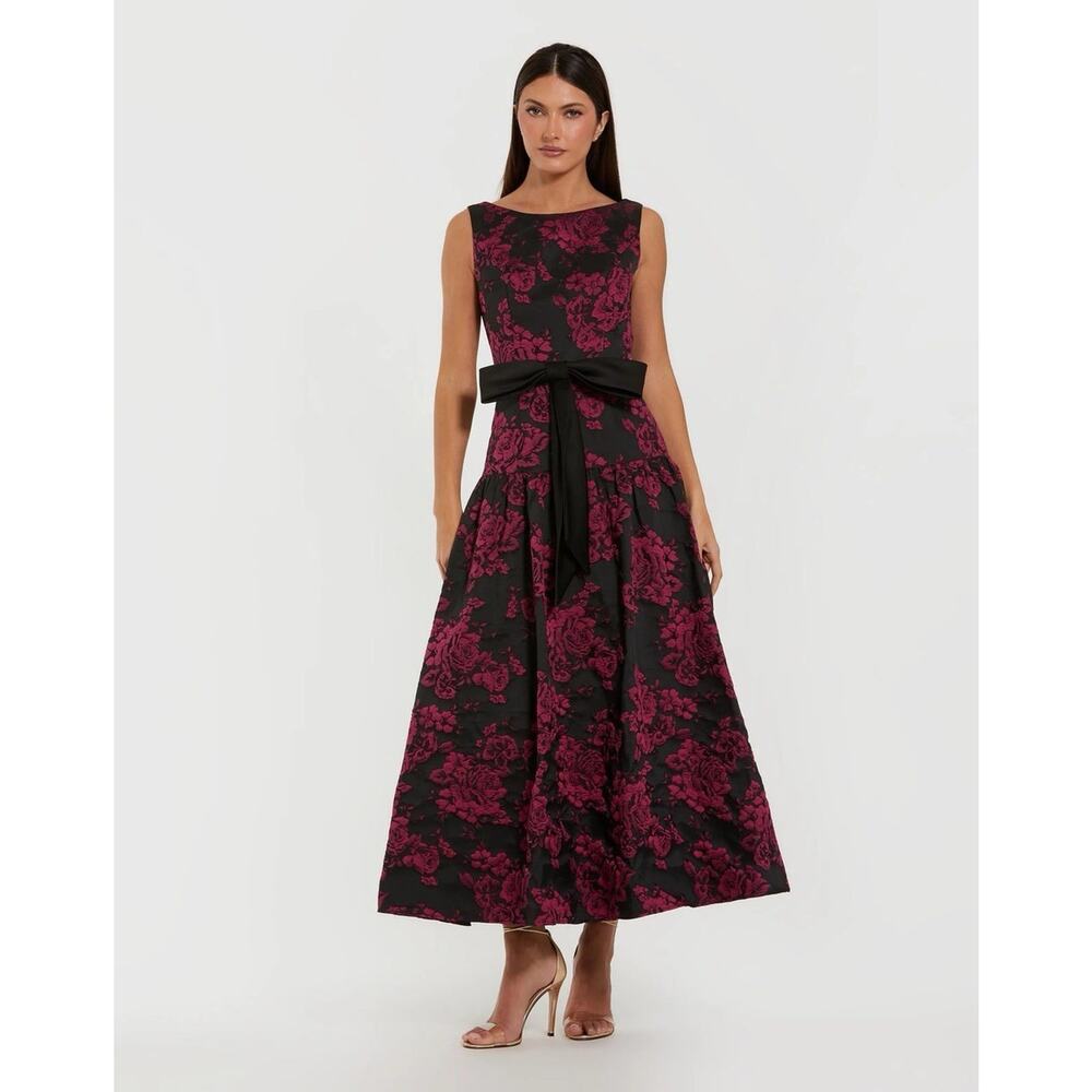 Mac Duggal 37091 Magenta Multi Brocade Drop Waist Midi Dress With Satin 2 NWOT